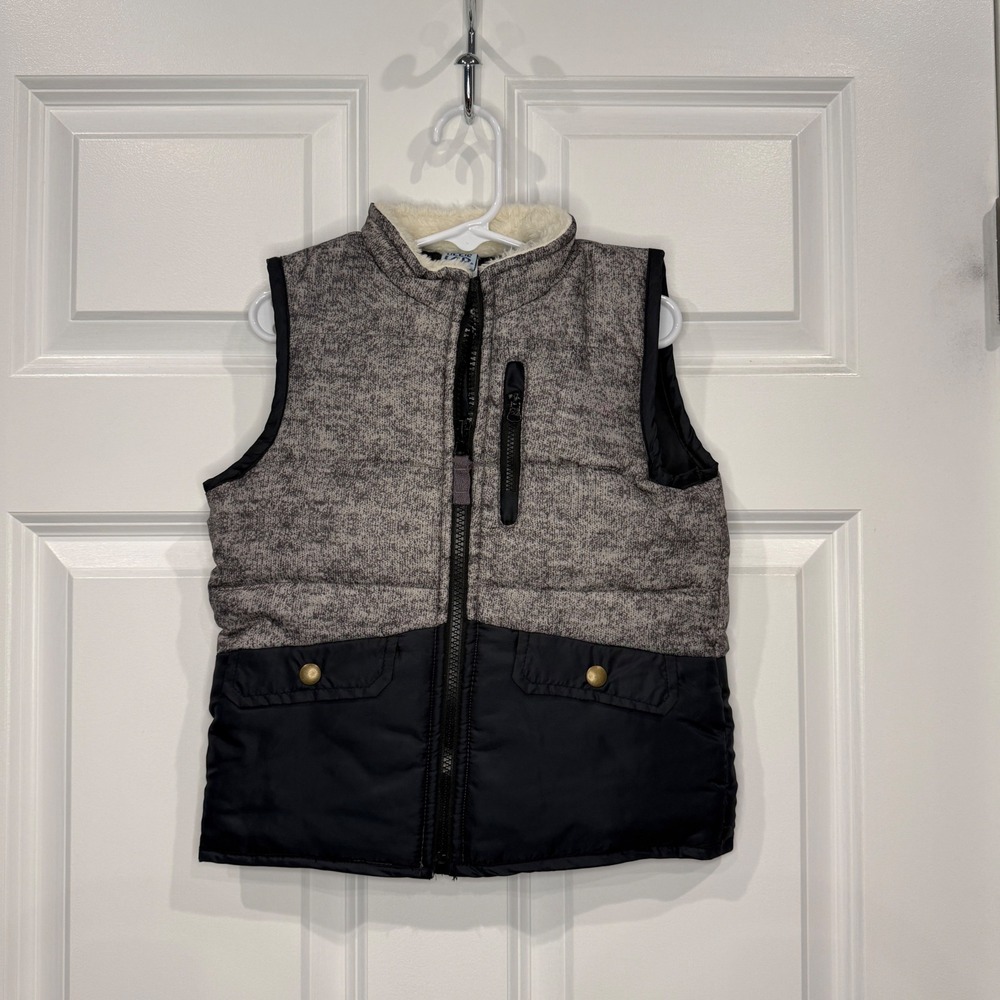 Little Lad Boys Grey Black Puffer Vest Faux Shearling Collar‎ Size 4T